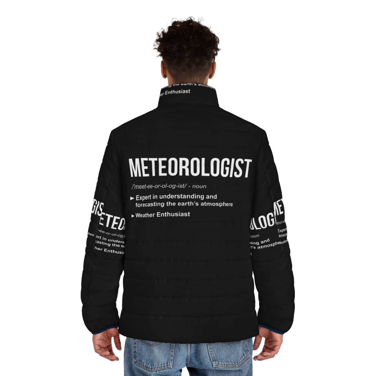 Meteorologist graduation puffer jacket with weather-related design - men back