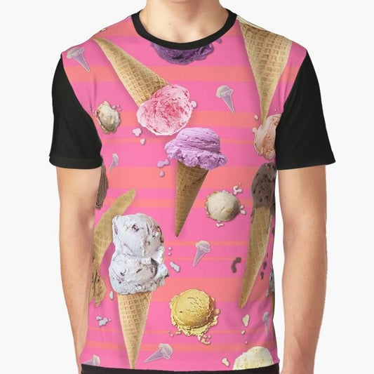 Colorful graphic t-shirt featuring various ice cream designs and textures, perfect for food bloggers and ice cream lovers.