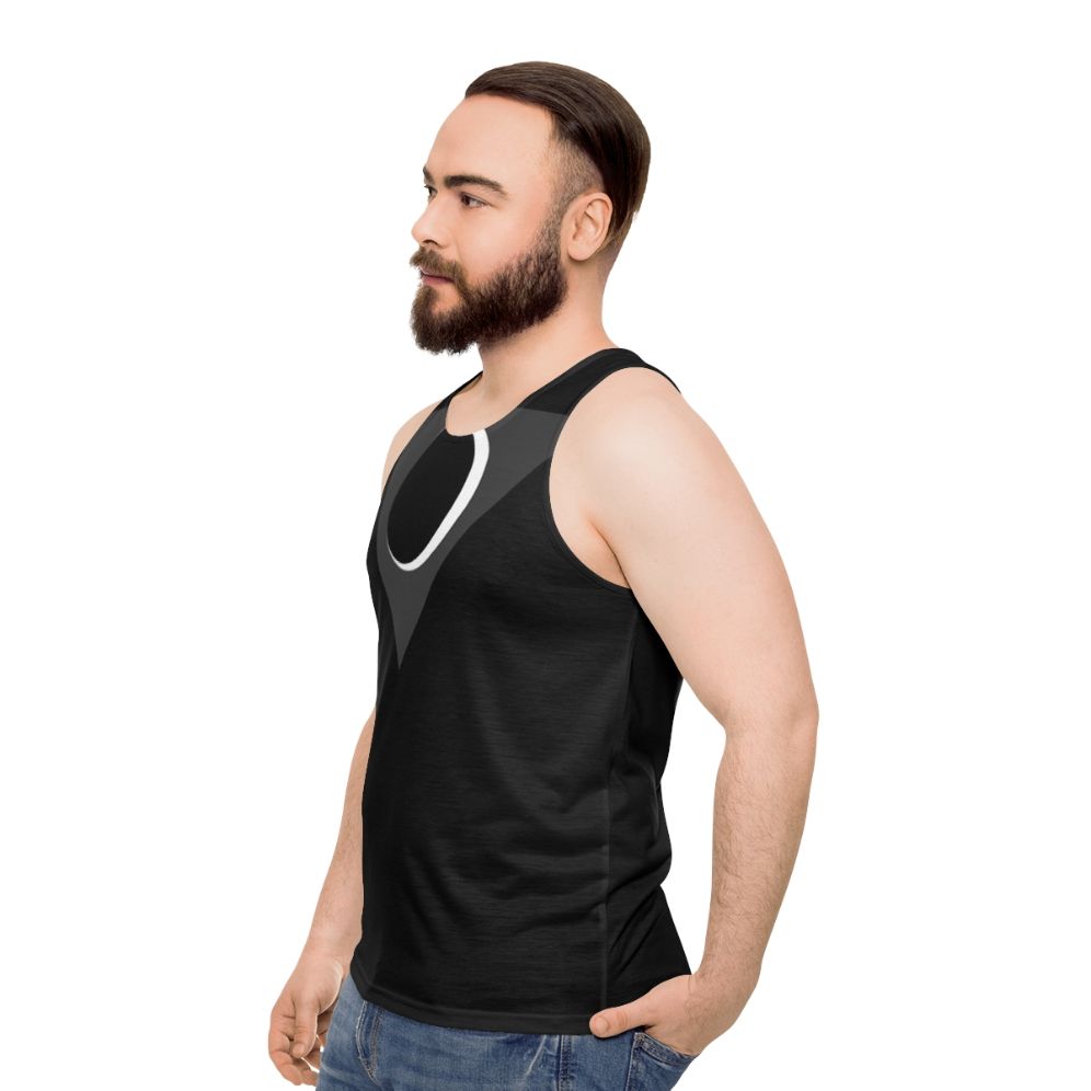 Unisex tank top with comic book inspired city skyline and moon eclipse design - men side