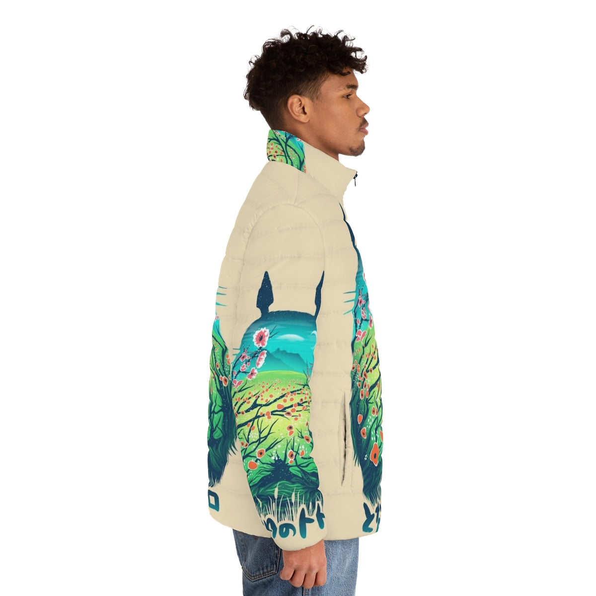 A cozy puffer jacket featuring an anime-inspired design with a fantasy forest landscape and a stylish "neighbor" graphic. - men side right