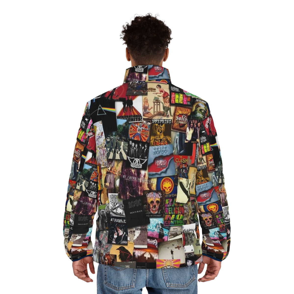 A puffer jacket featuring a collage of music album covers and band logos - men back