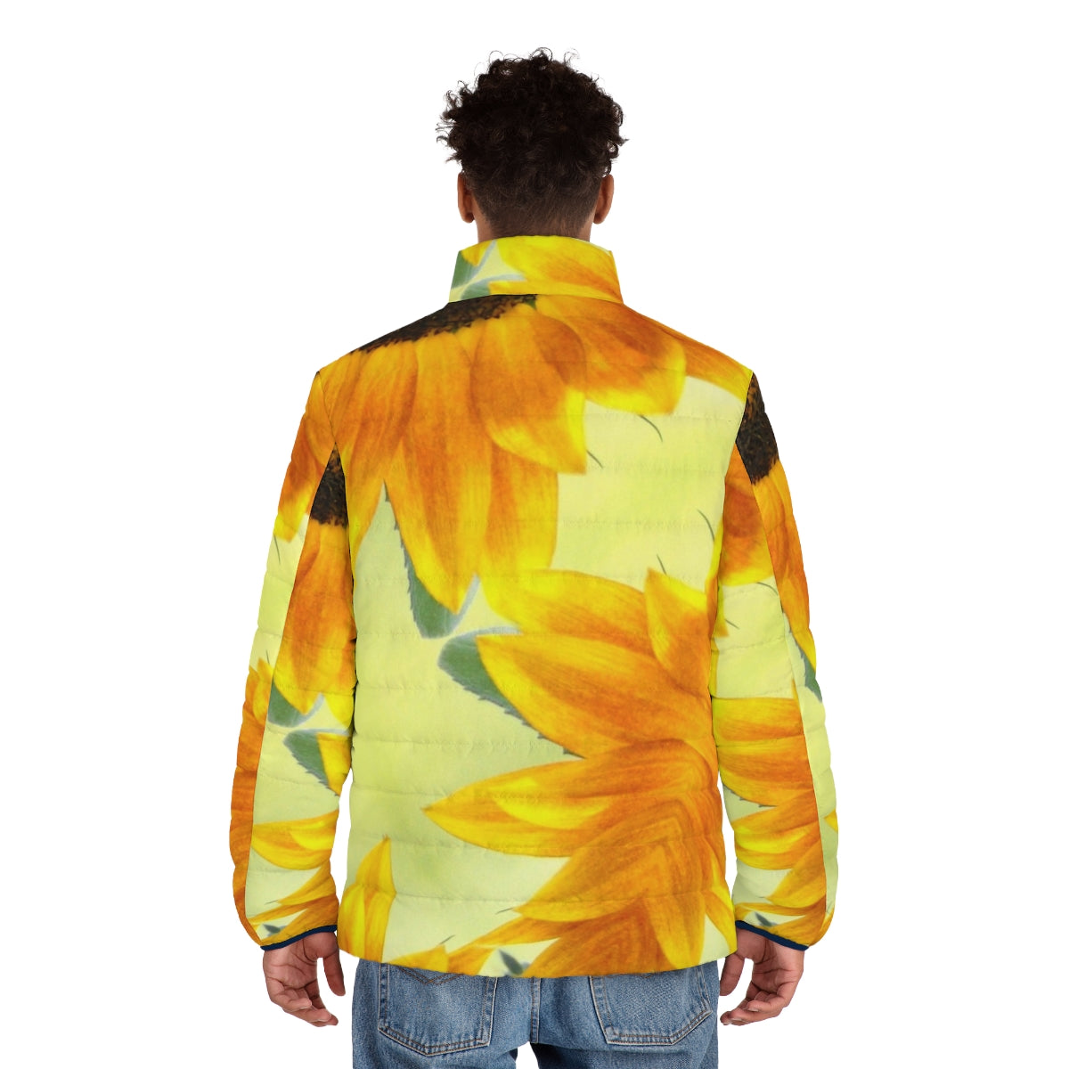 Sunflower patterned puffer jacket with yellow and black design - men back