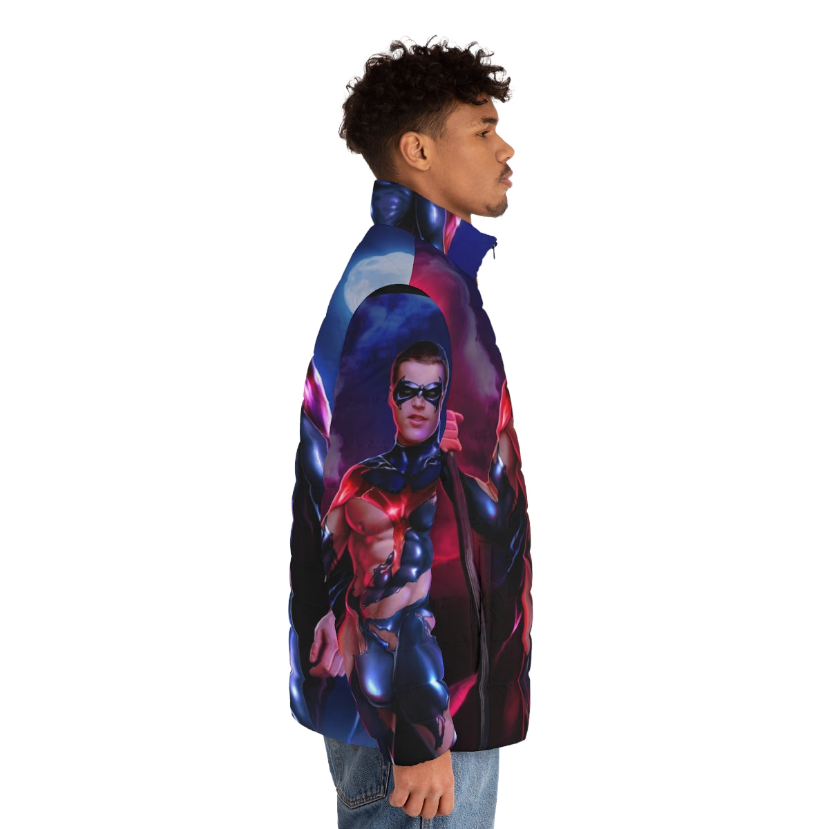 Red puffer jacket with superhero-inspired design - men side right