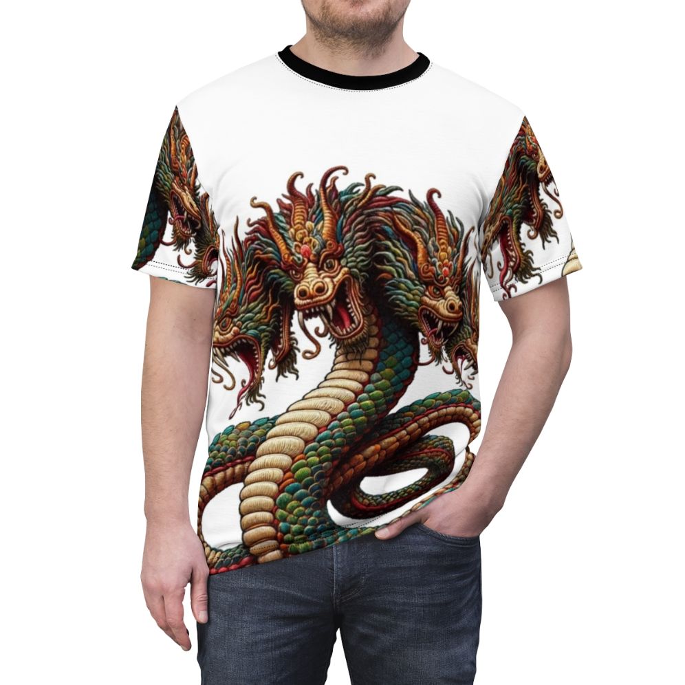 Mythological creature fantasy t-shirt with embroidered legendary beast design - men front