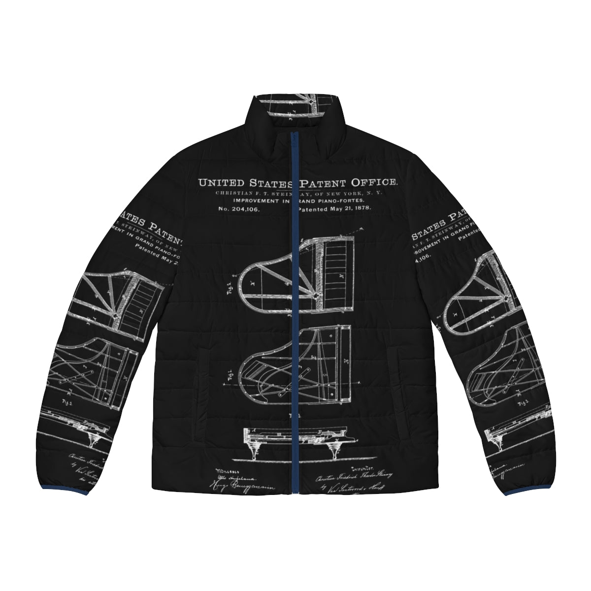 A white puffer jacket with a Steinway piano patent design, perfect for music lovers and pianists.