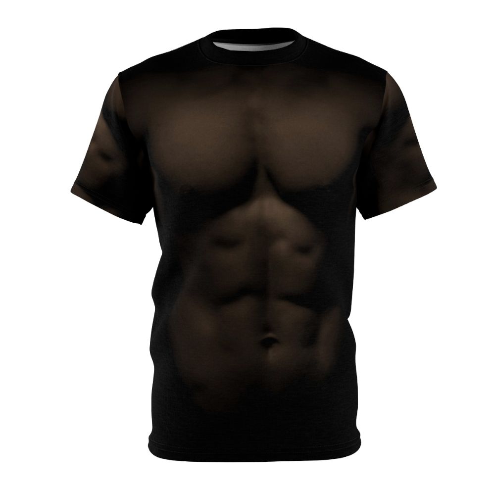 A muscular, shirtless man with a chiseled physique wearing a t-shirt