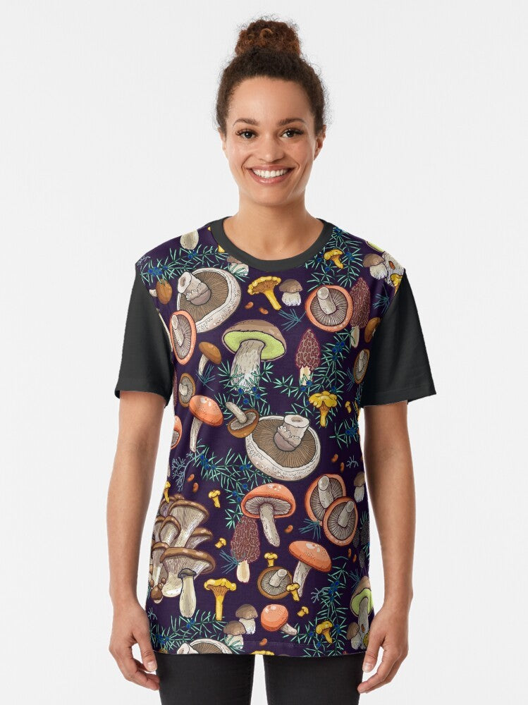 Dark forest graphic t-shirt with botanical fungi and nature elements - Women