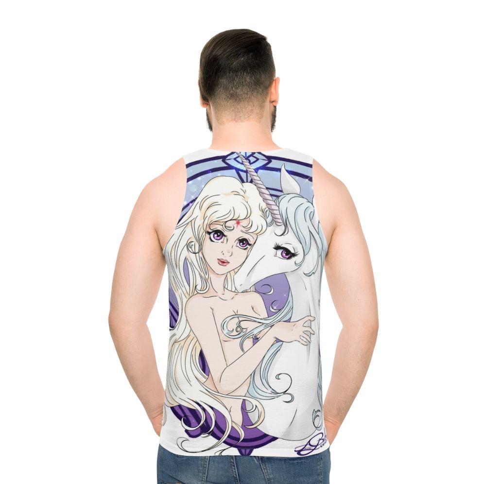 Unisex unicorn tank top featuring two versions of the fantasy classic "The Last Unicorn" - men back