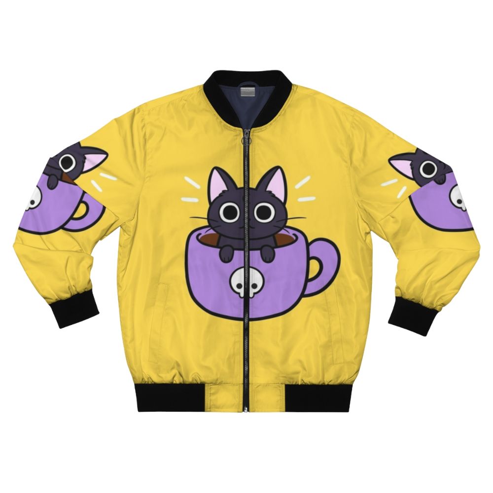 A black and purple bomber jacket with a cute, smiling cat print and coffee/drink elements.