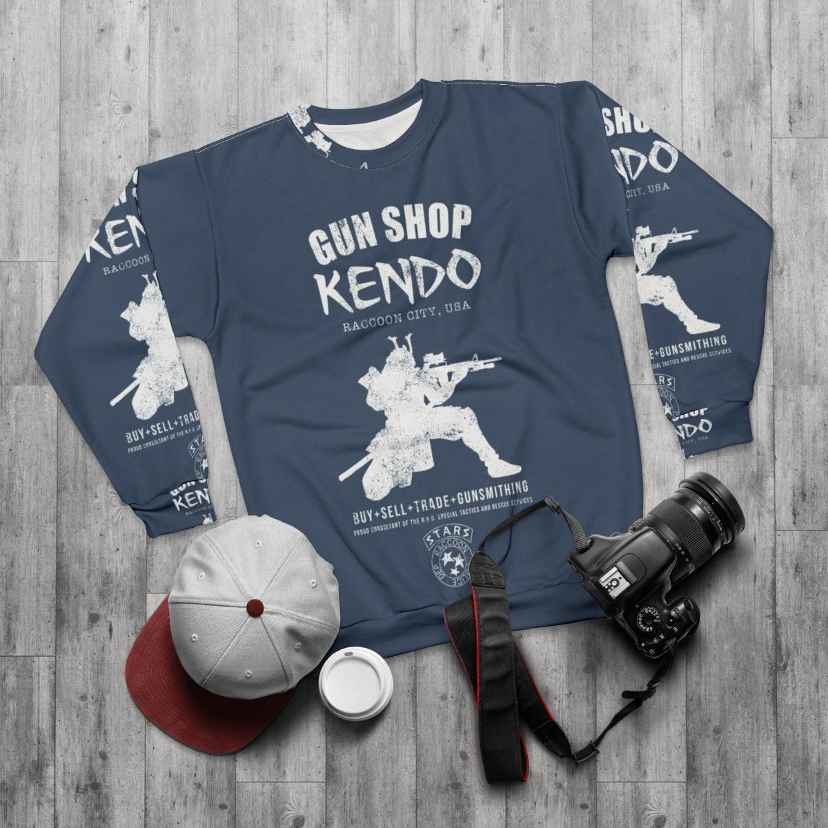 Kendo Gun Shop Sweatshirt featuring Resident Evil survival horror gaming elements - flat lay