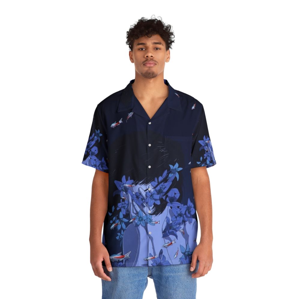 Retro blue Hawaiian shirt with anime and cartoon-inspired design - People Front