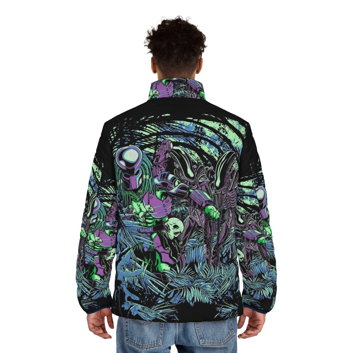 Neon puffer jacket with alien vs predator inspired sci-fi jungle design - men back