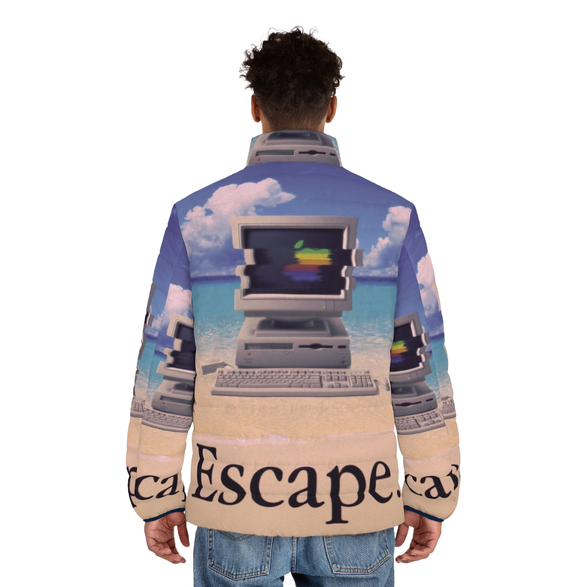 Vaporwave-inspired Macintosh puffer jacket with retro 90s aesthetic - men back