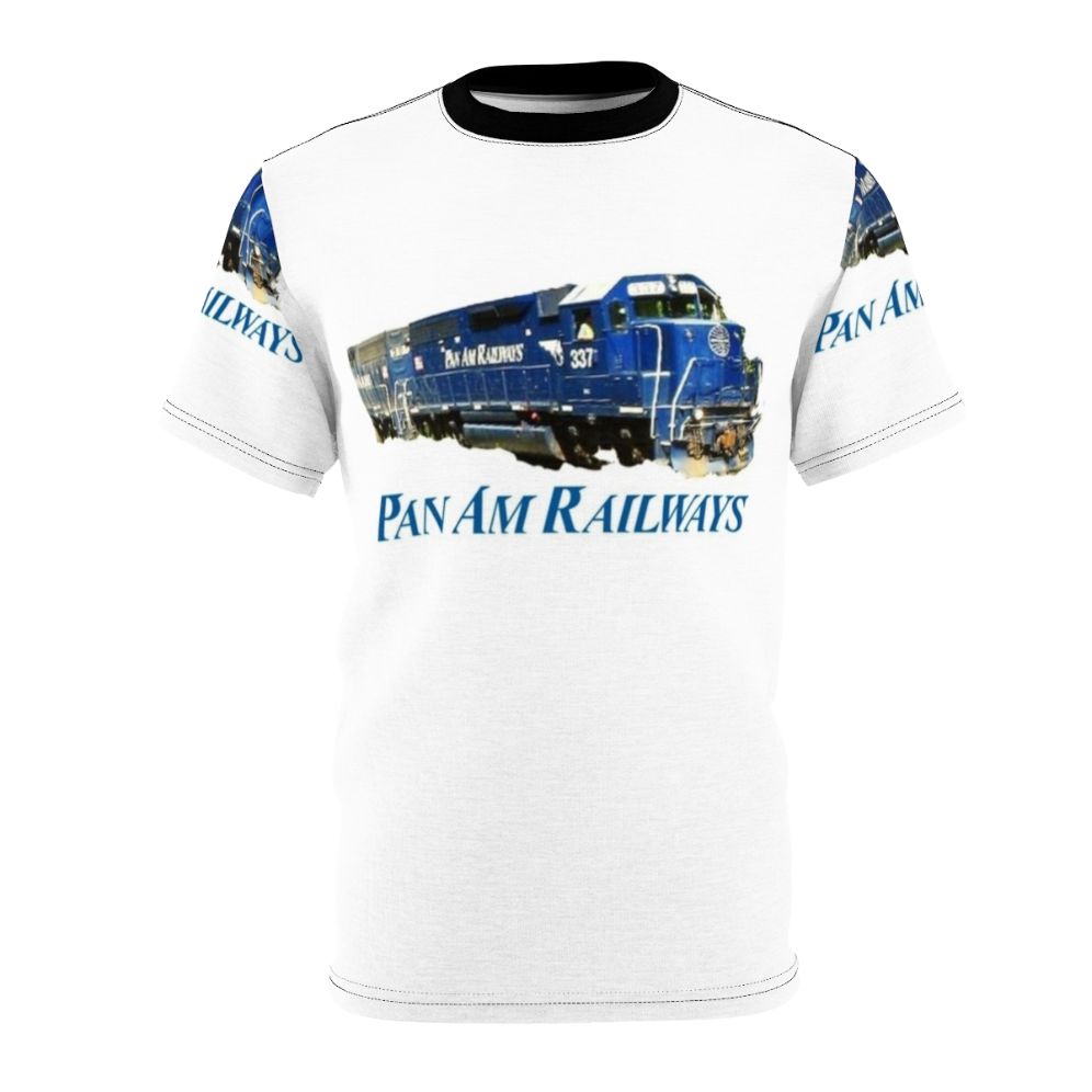 Vintage-style t-shirt with a graphic of a train and text related to Pan Am Railway and train driving