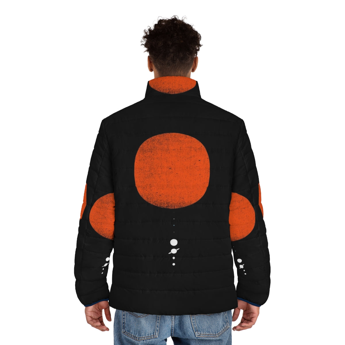 Person wearing a puffer jacket with a solar system design - men back