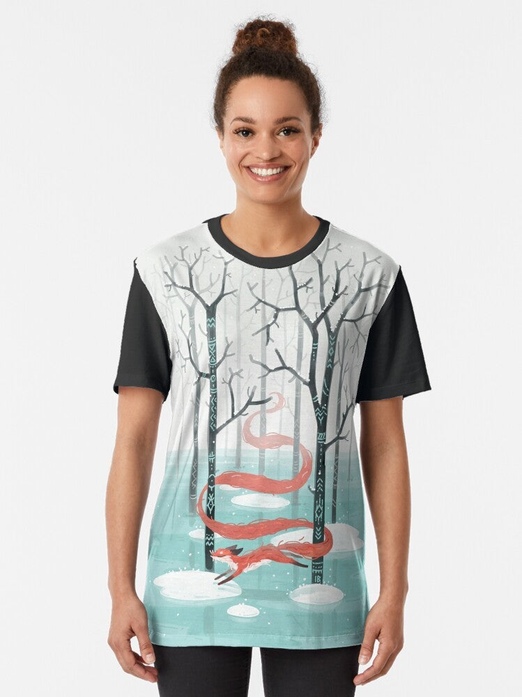 Cozy forest spirit graphic t-shirt featuring a cute fox in a winter wonderland - Women