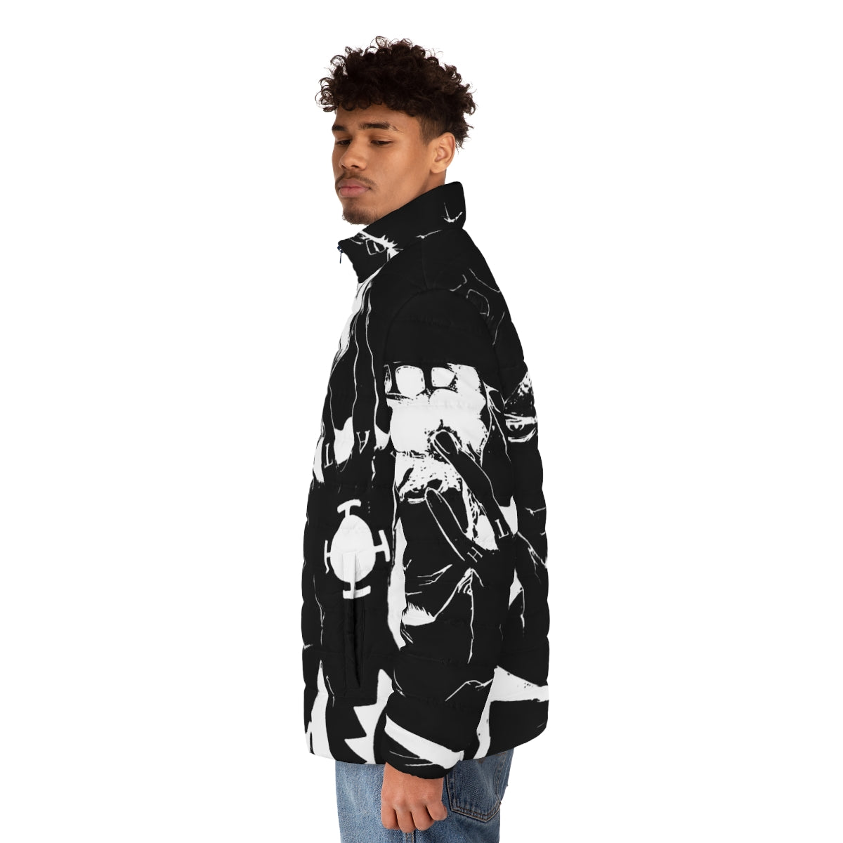 Trafalgar Law Puffer Jacket - One Piece Inspired Monochrome Anime Character Apparel - men side left