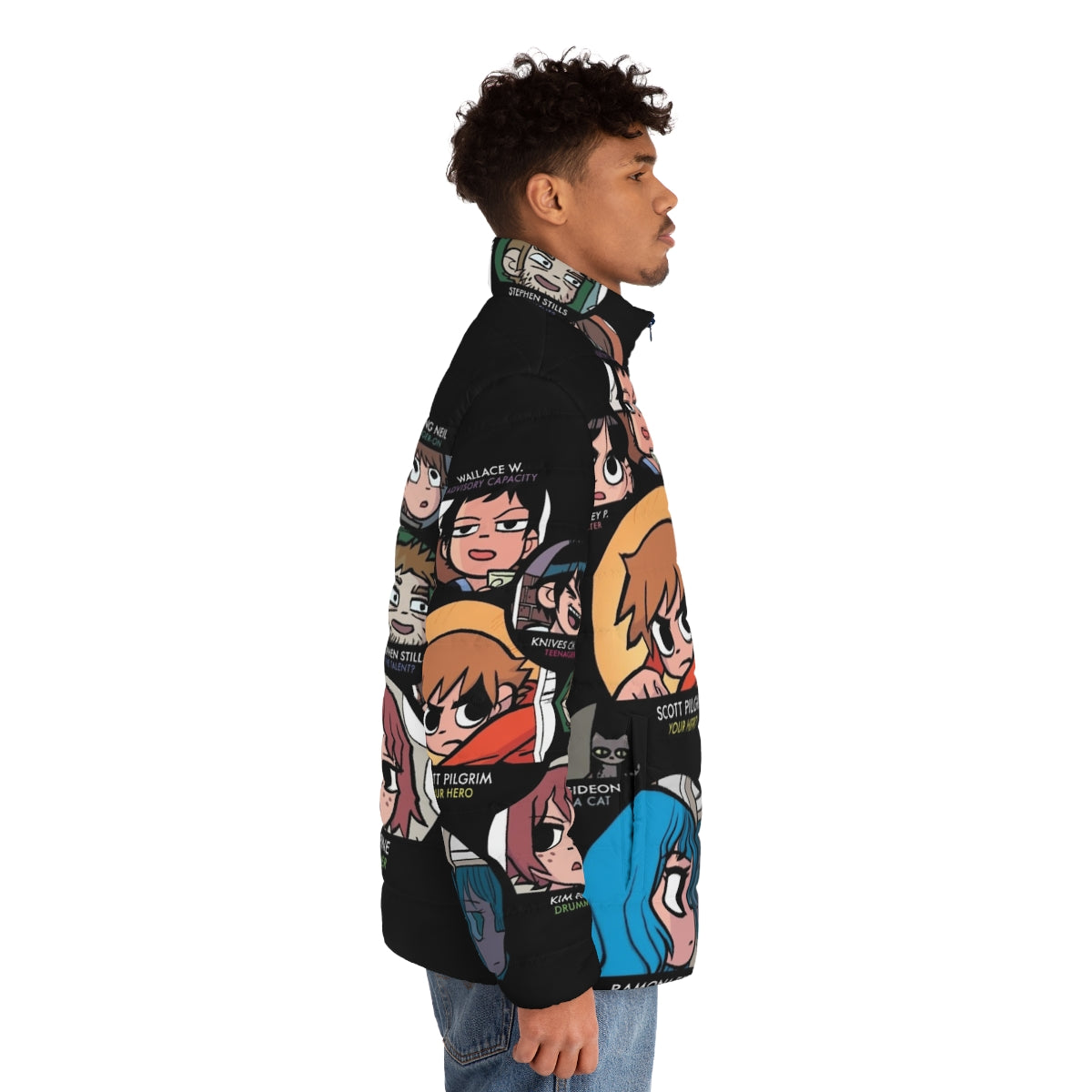 Scott Pilgrim characters puffer jacket featuring Ramona Flowers, Knives Chau, and more - men side right