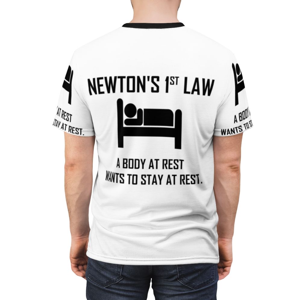 Funny physics t-shirt design featuring a humorous take on Newton's first law of motion - men back