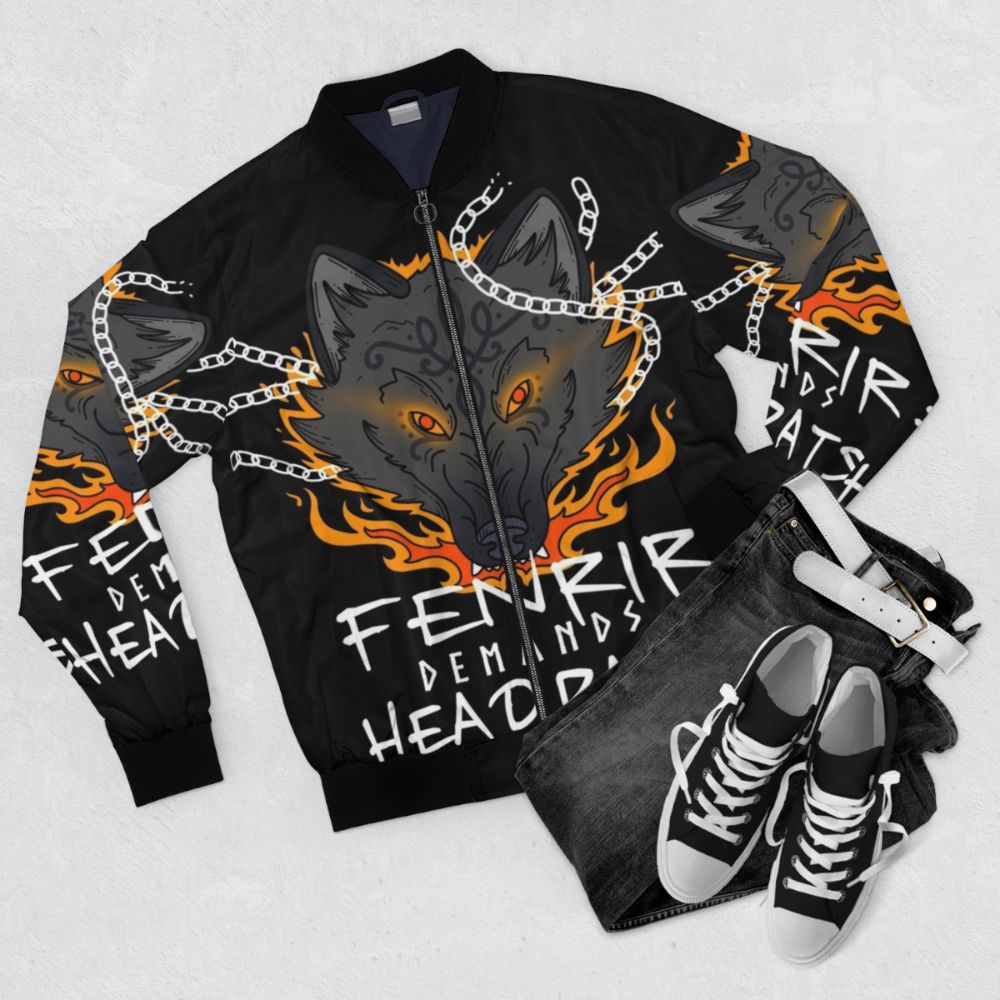 Fenrir the Norse Mythology Inspired Oversized Bomber Jacket for Dog Lovers - Flat lay