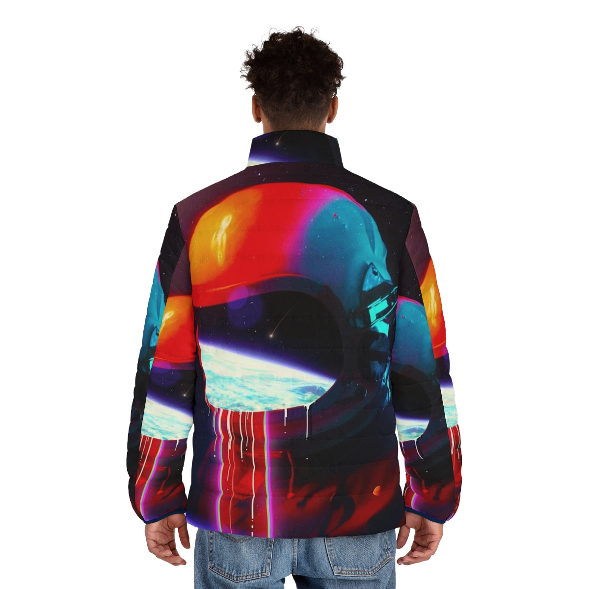 A surreal puffer jacket design featuring an astronaut in a cosmic, leaking helmet surrounded by stars, galaxies, and celestial elements. - men back