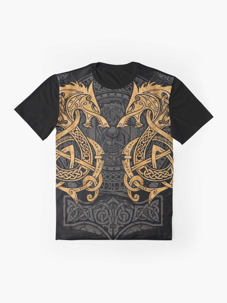 Gold graphic t-shirt featuring Fenrir, the legendary wolf from Norse mythology - Flat lay