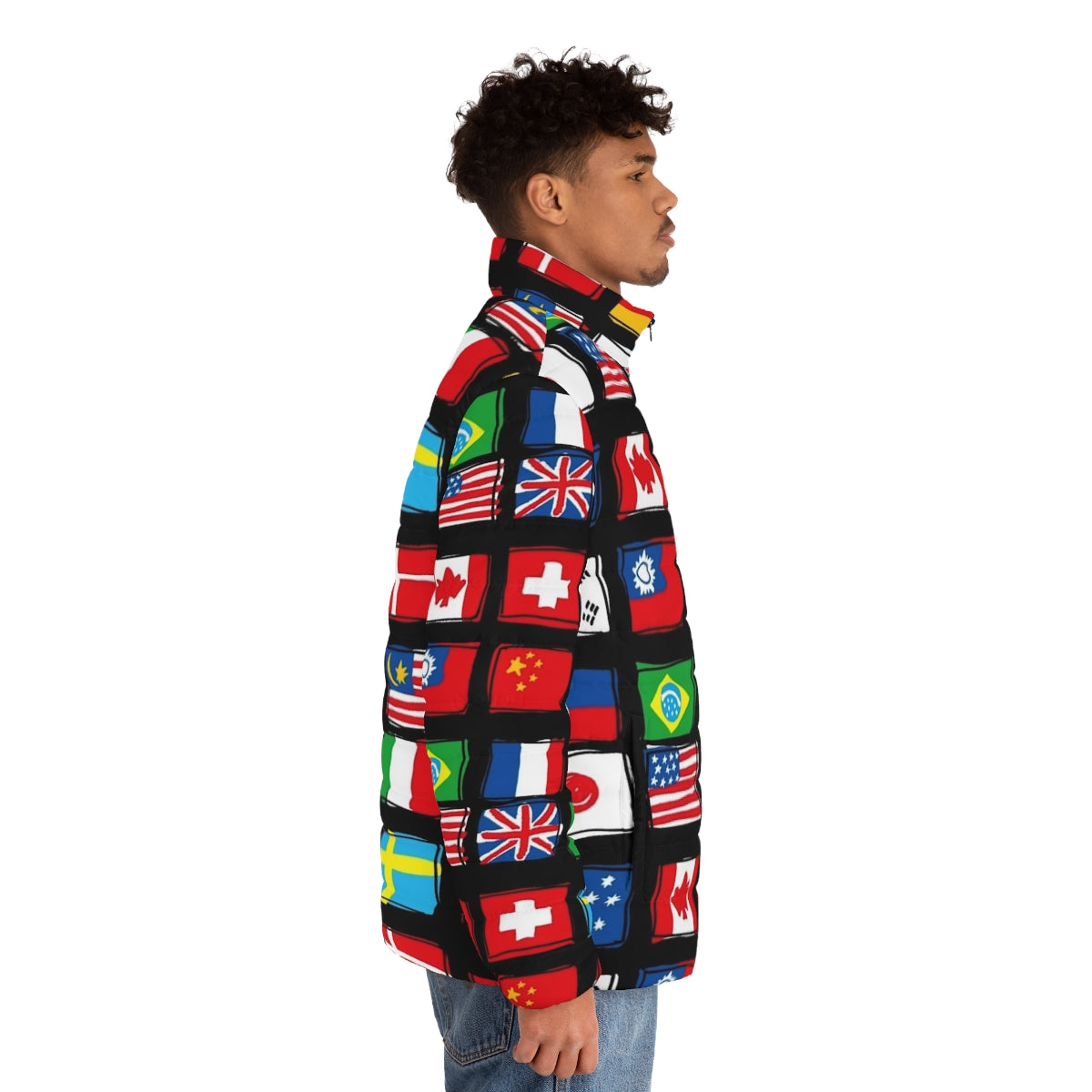 Global Patriotic Puffer Jacket with World Flags, National Flag Puffer Jacket - men side right