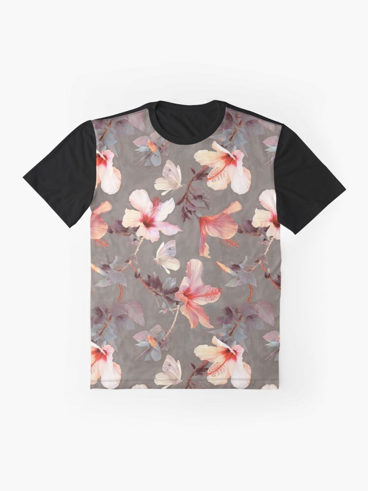 Coral hibiscus graphic t-shirt with tropical floral pattern - Flat lay