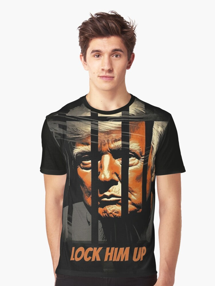 Graphic t-shirt design featuring the text "Lock Him Up" and an anti-Trump message. - Men