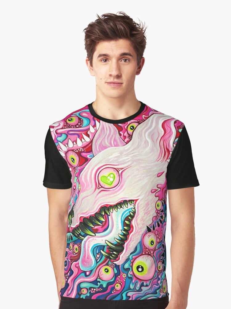 A colorful, glittery t-shirt with a graphic design featuring a wolf with pastel eyes, spikes, and a trippy, aesthetic style. - Men