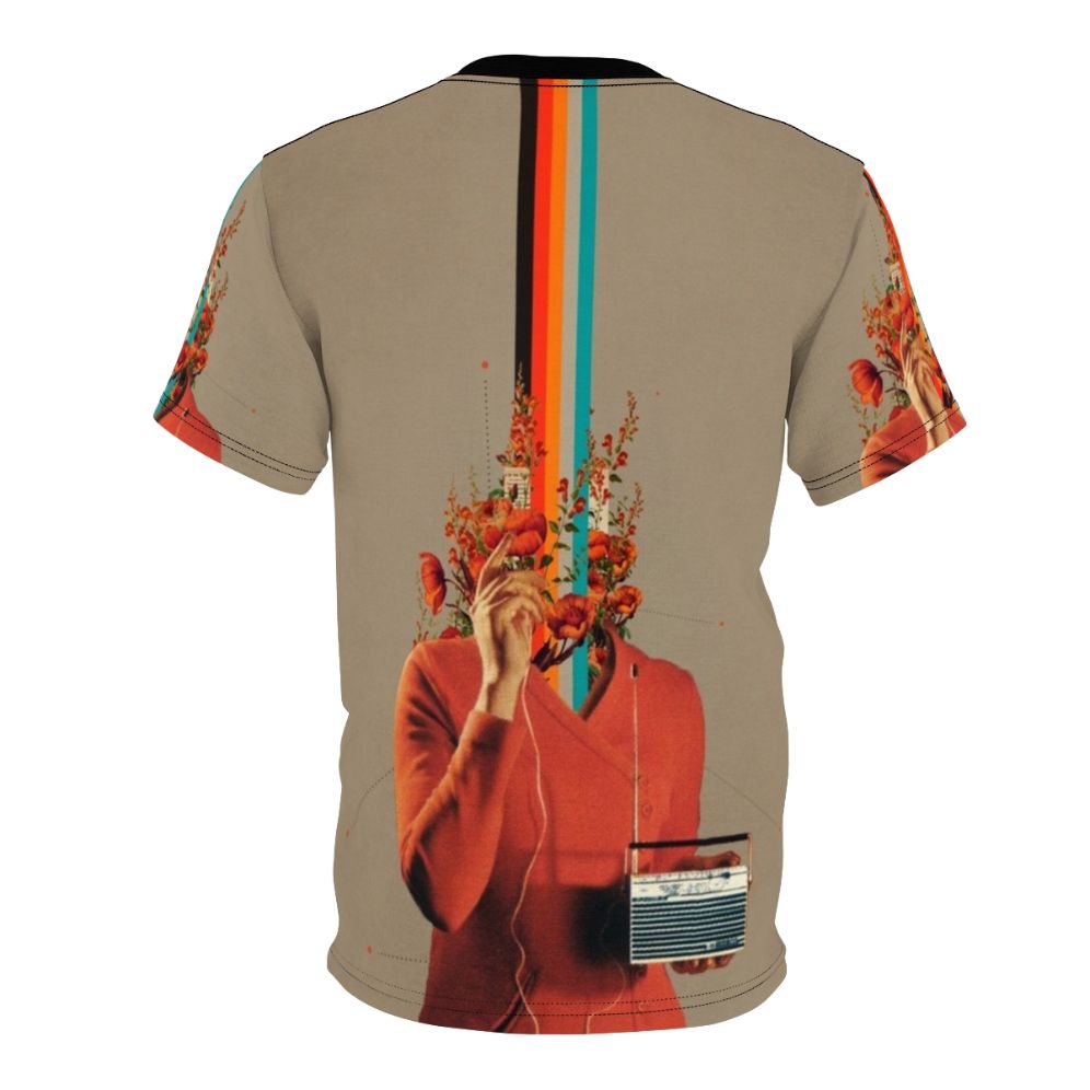 A colorful vintage-inspired T-shirt featuring a surreal collage design of a woman, music elements, and vibrant floral patterns. - Back