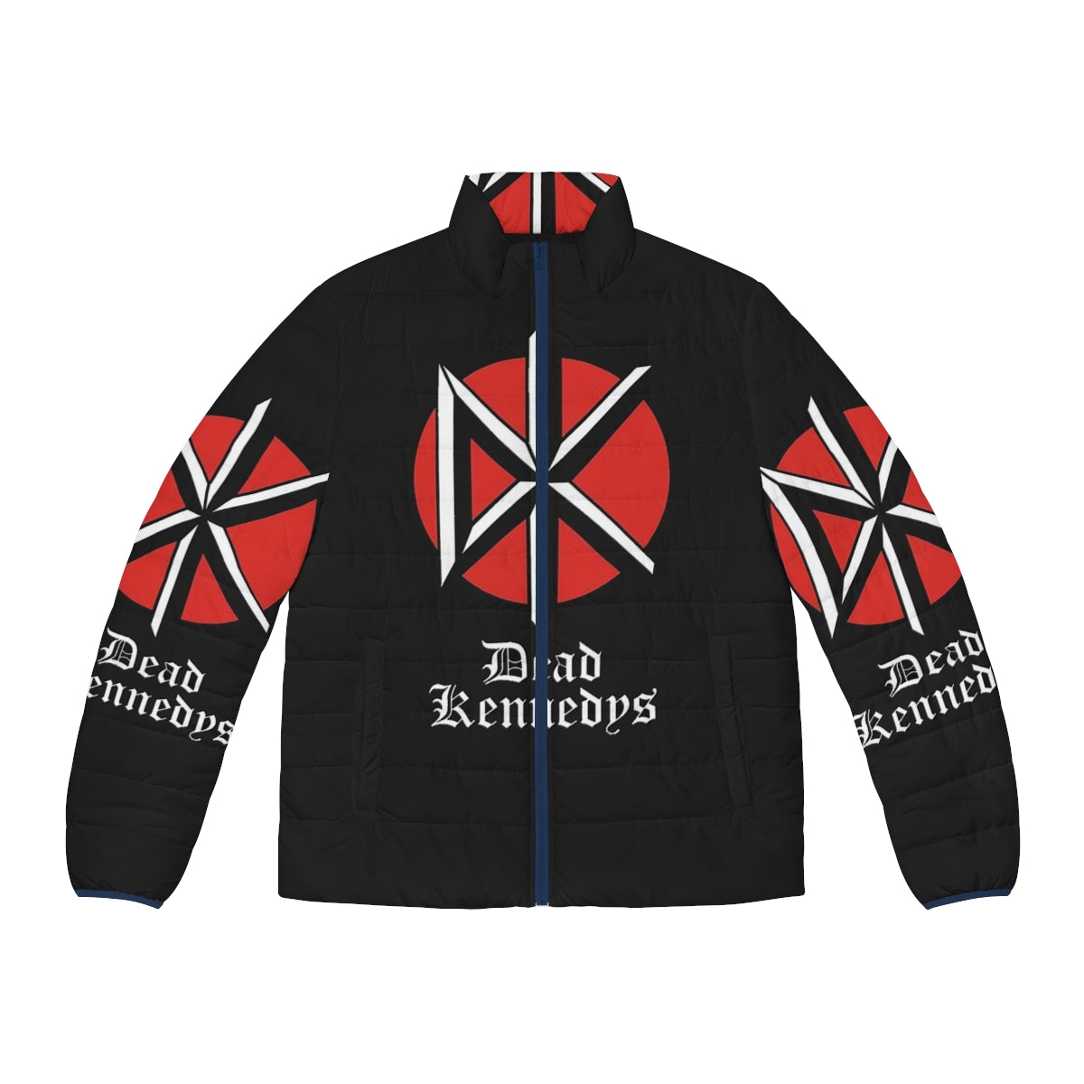 Dead Kennedys Puffer Jacket featuring the band's iconic logo and "Holiday in Cambodia" design