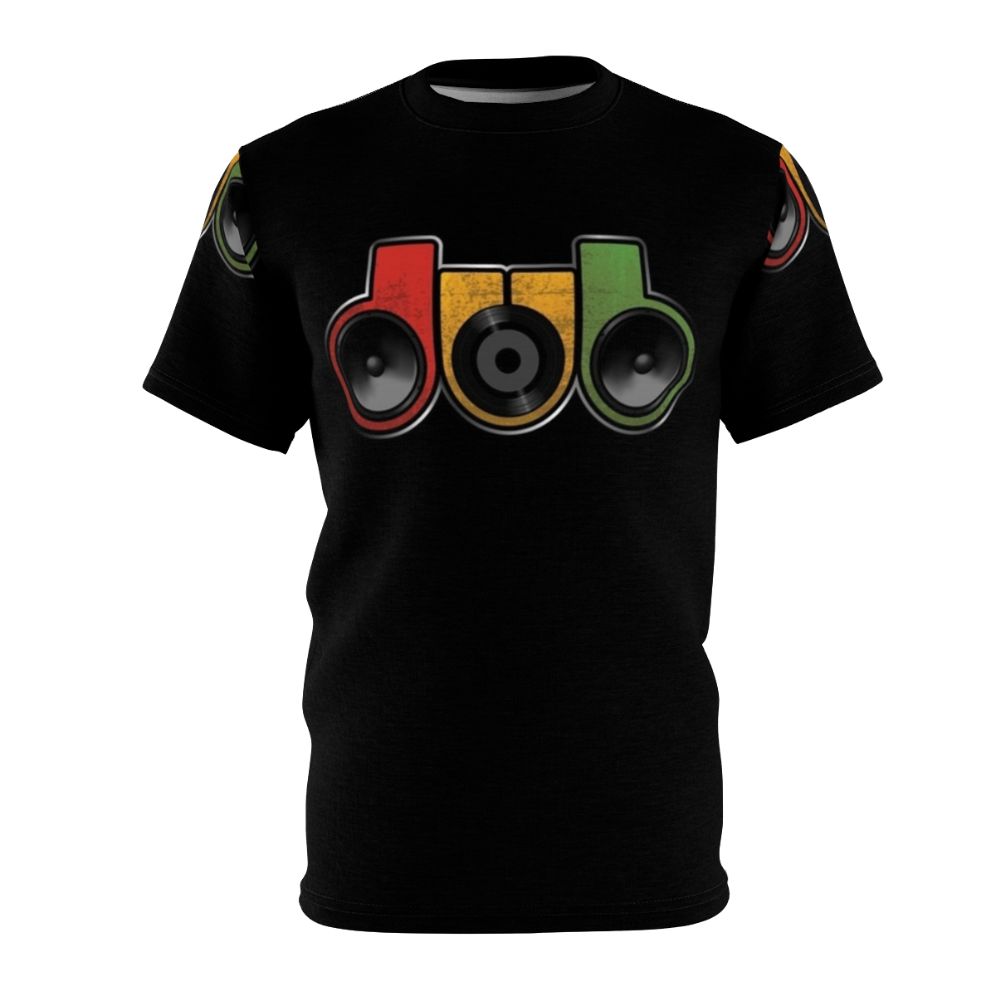 Dub music lover wearing a t-shirt with a vintage vinyl speaker and dub/reggae-inspired design