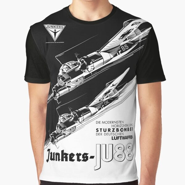 A graphic t-shirt featuring the iconic JU-88 bomber aircraft from World War 2, representing the German air force and military history.