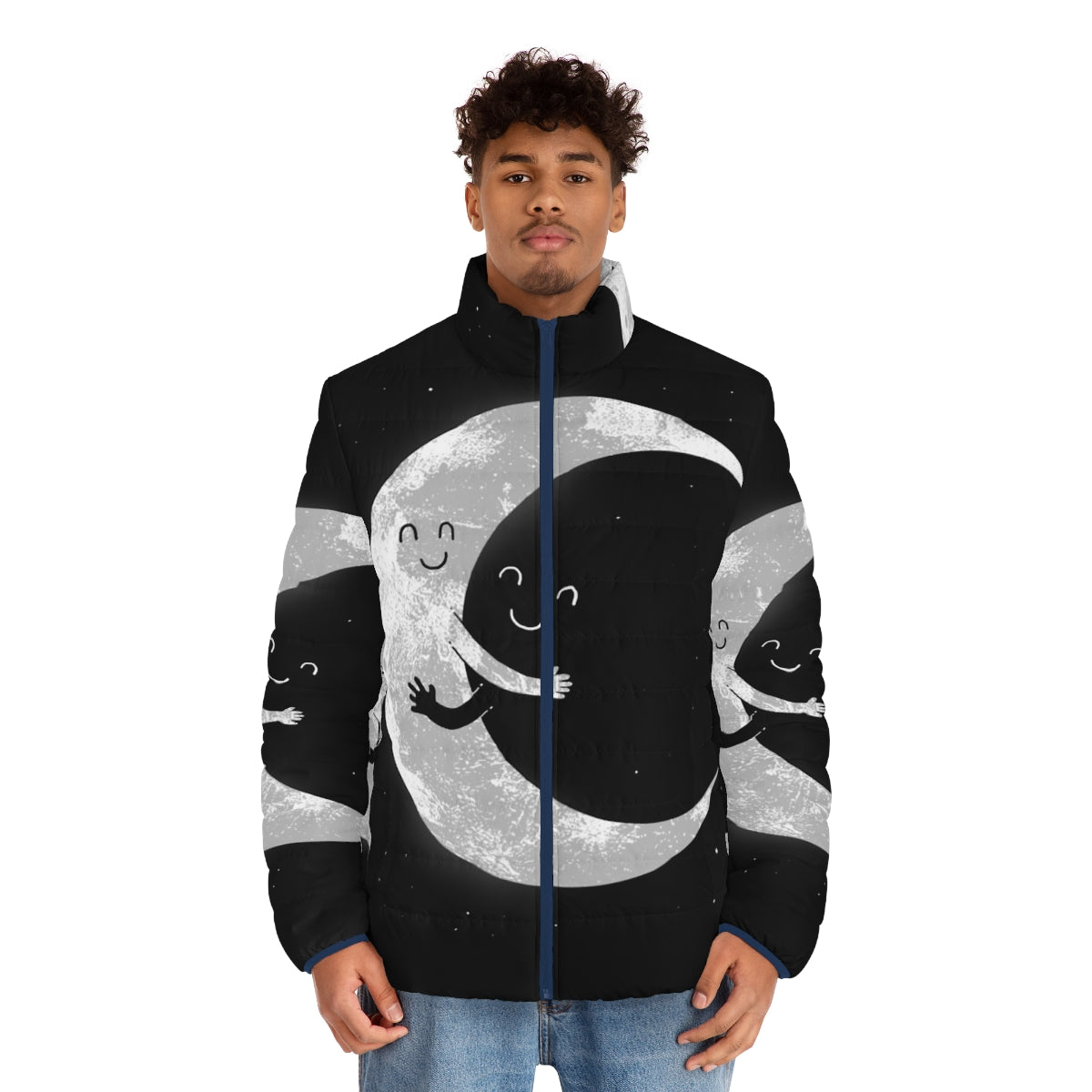 Moon Puffer Jacket with Smiley Face Design - men front