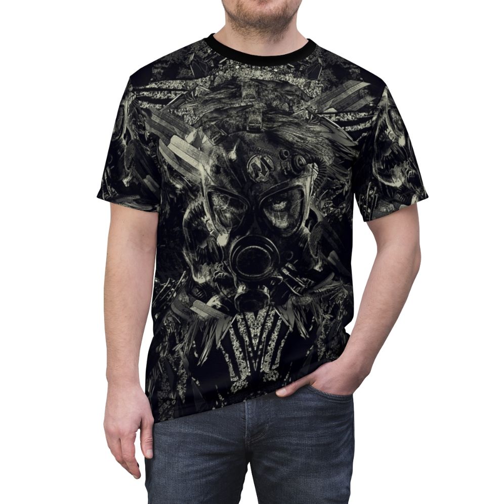 Post-apocalyptic sci-fi digital art design on a t-shirt - men front