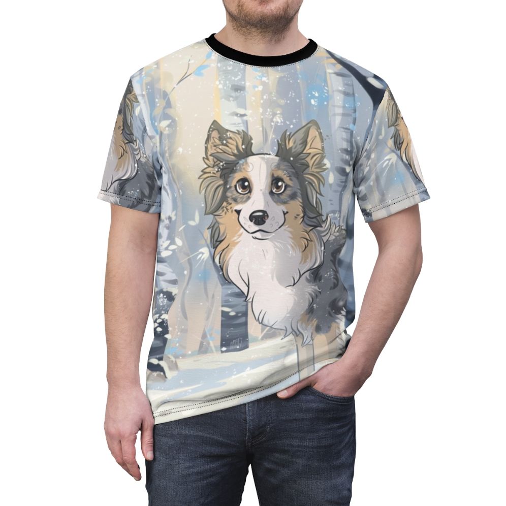 A cozy and whimsical t-shirt design featuring a dog, snow, and winter scenery. - men front