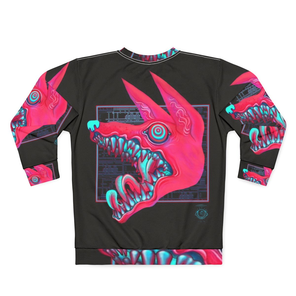 Creepy canine sweatshirt with pastel colored teeth and eyes - Back