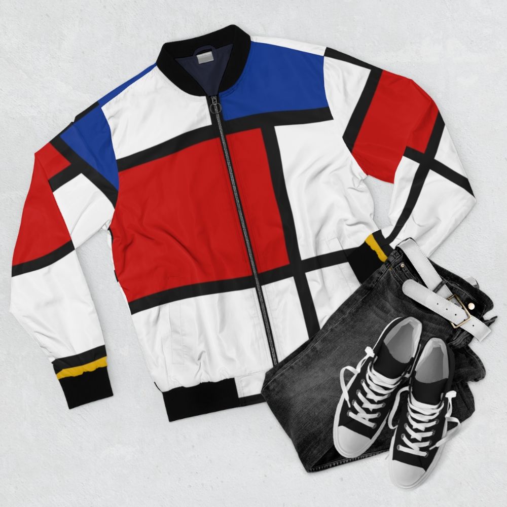 A men's bomber jacket with a Mondrian-inspired abstract geometric pattern in primary colors of red, yellow, and blue. - Flat lay