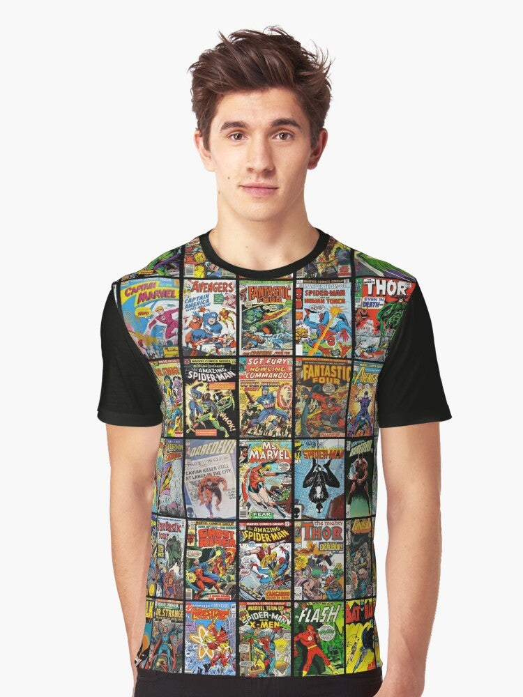 Vintage Superhero Comic Book Collection Pattern Graphic T-Shirt - Men