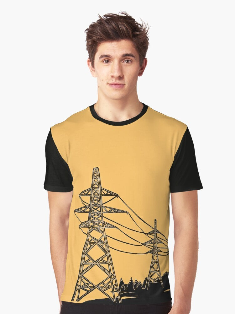 Electricity pylons linocut silhouette graphic design on mustard yellow t-shirt - Men