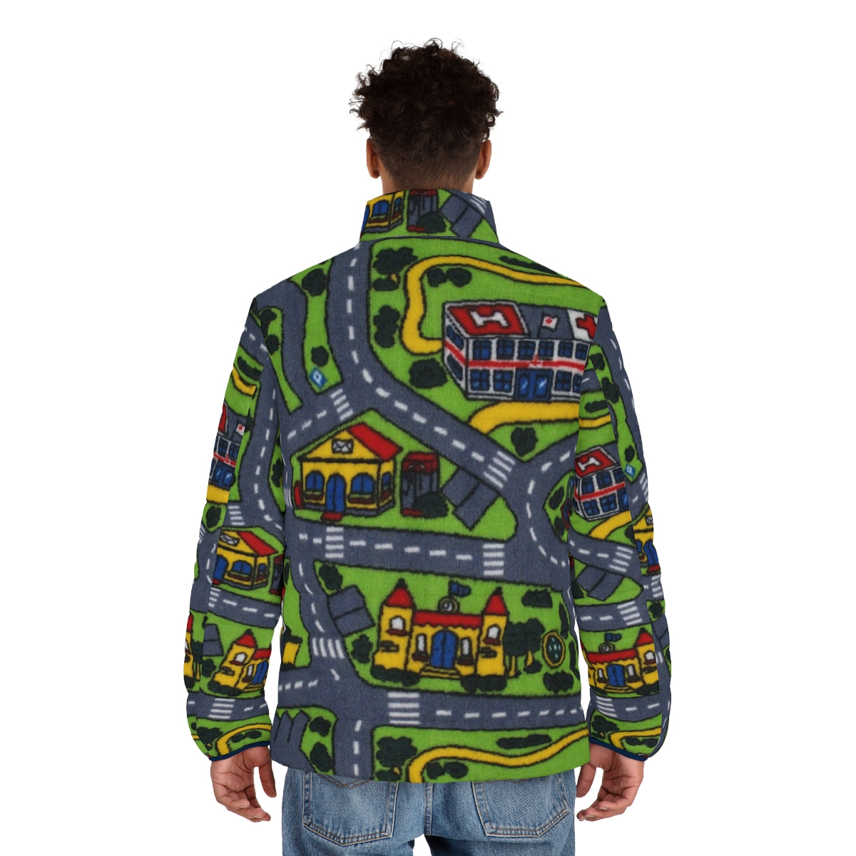 Retro 90s road carpet puffer jacket with nostalgic artsy design - men back