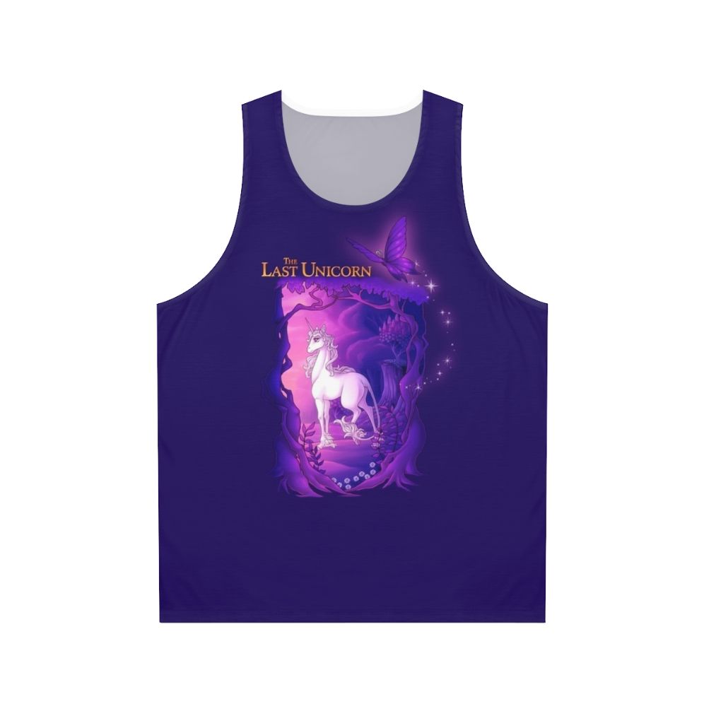 Unisex tank top featuring the last unicorn in a lilac wood