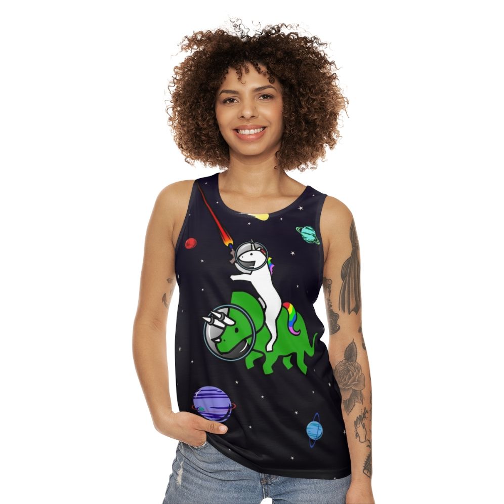 Unicorn riding triceratops in space unisex tank top - women