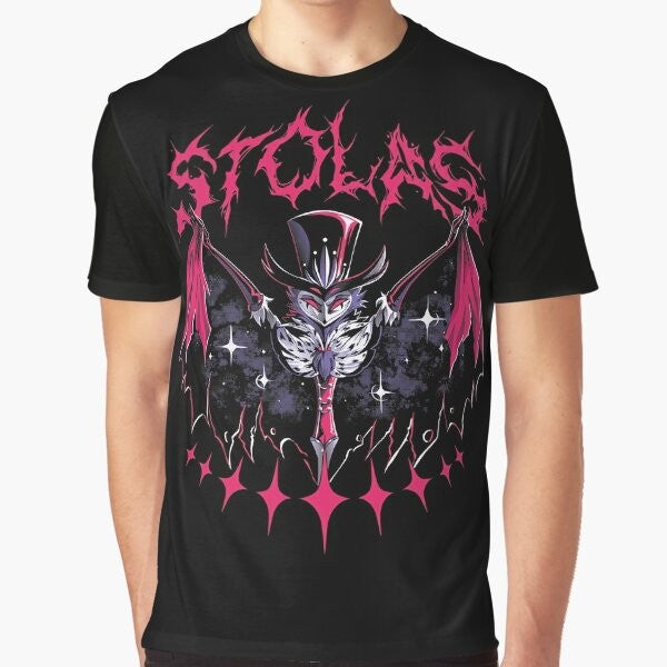 Stolas, the owl demon from the Hazbin Hotel animated series, featured on a graphic t-shirt design.