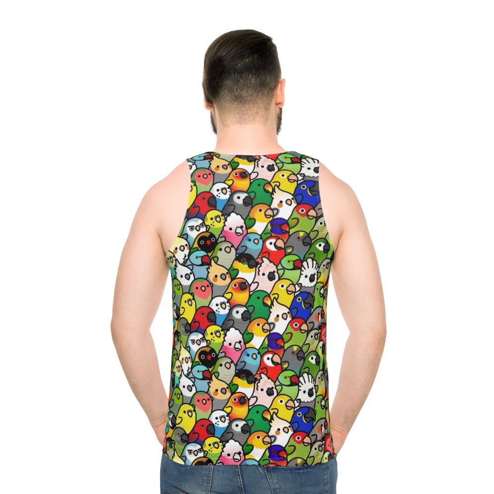 Unisex tank top with a vibrant tropical bird pattern - men back