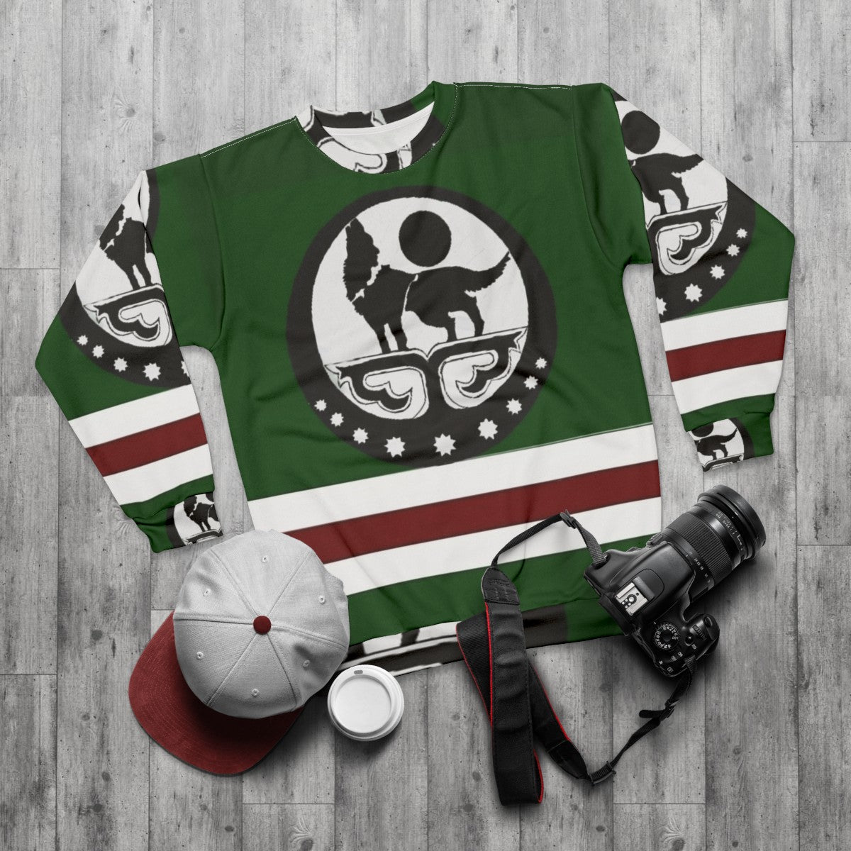 Chechen Flag Sweatshirt with Chechnya Wolf Graphic - flat lay