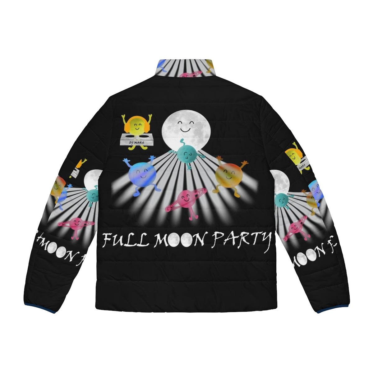 Colorful full moon party puffer jacket with space and dancing motifs - Back