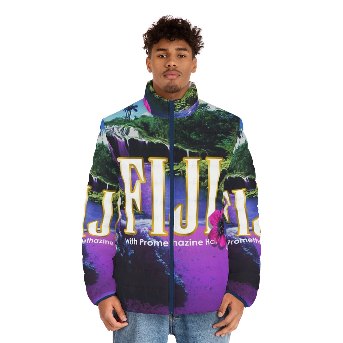 Purple vaporwave-inspired puffer jacket with aesthetic design - men front