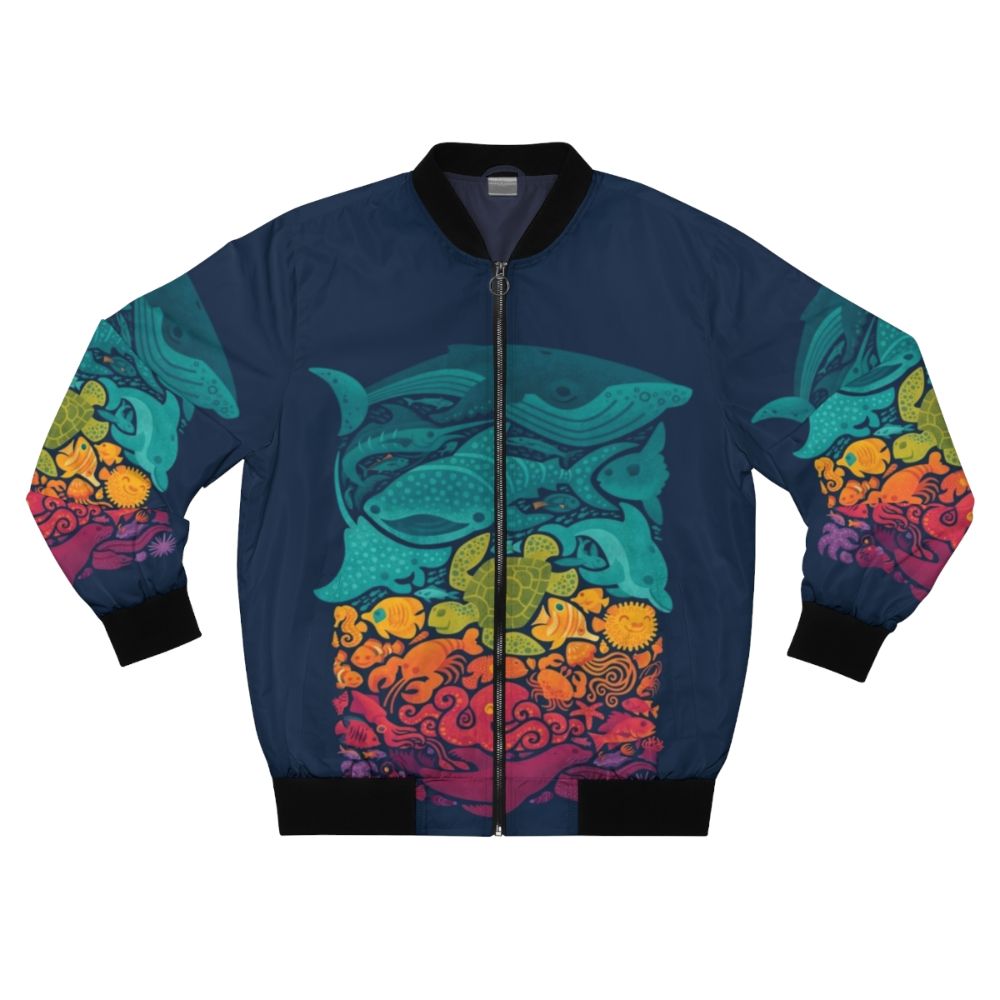 Aquatic Spectrum Bomber Jacket with Vibrant Sea Creature Design